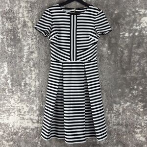 London Times Sz 4 Striped Knee Length Fit Flared Dress White Black Short Sleeve